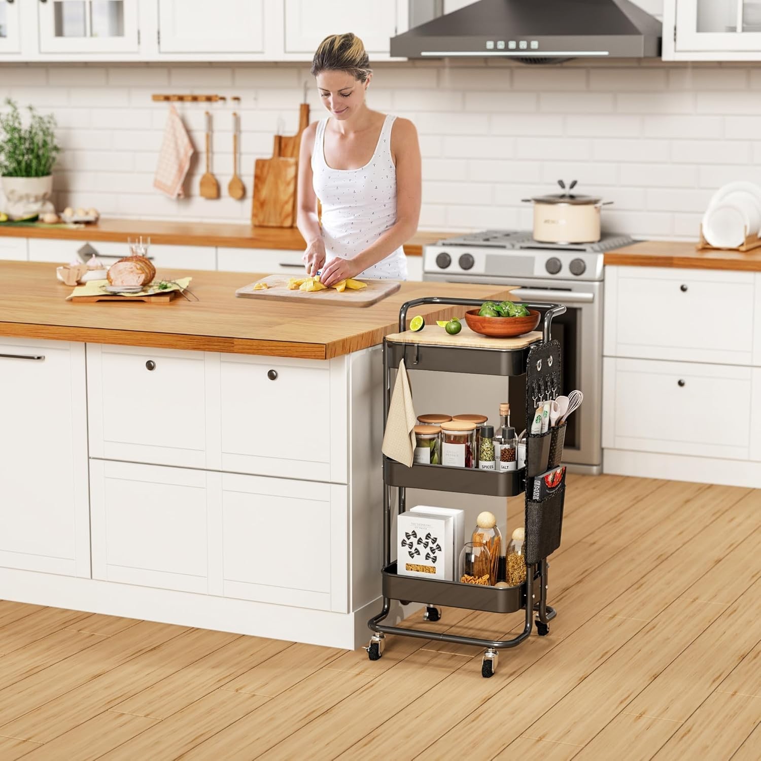 Versatile 3 Tier Metal Utility Rolling Cart with Locking Wheels - Black Finish