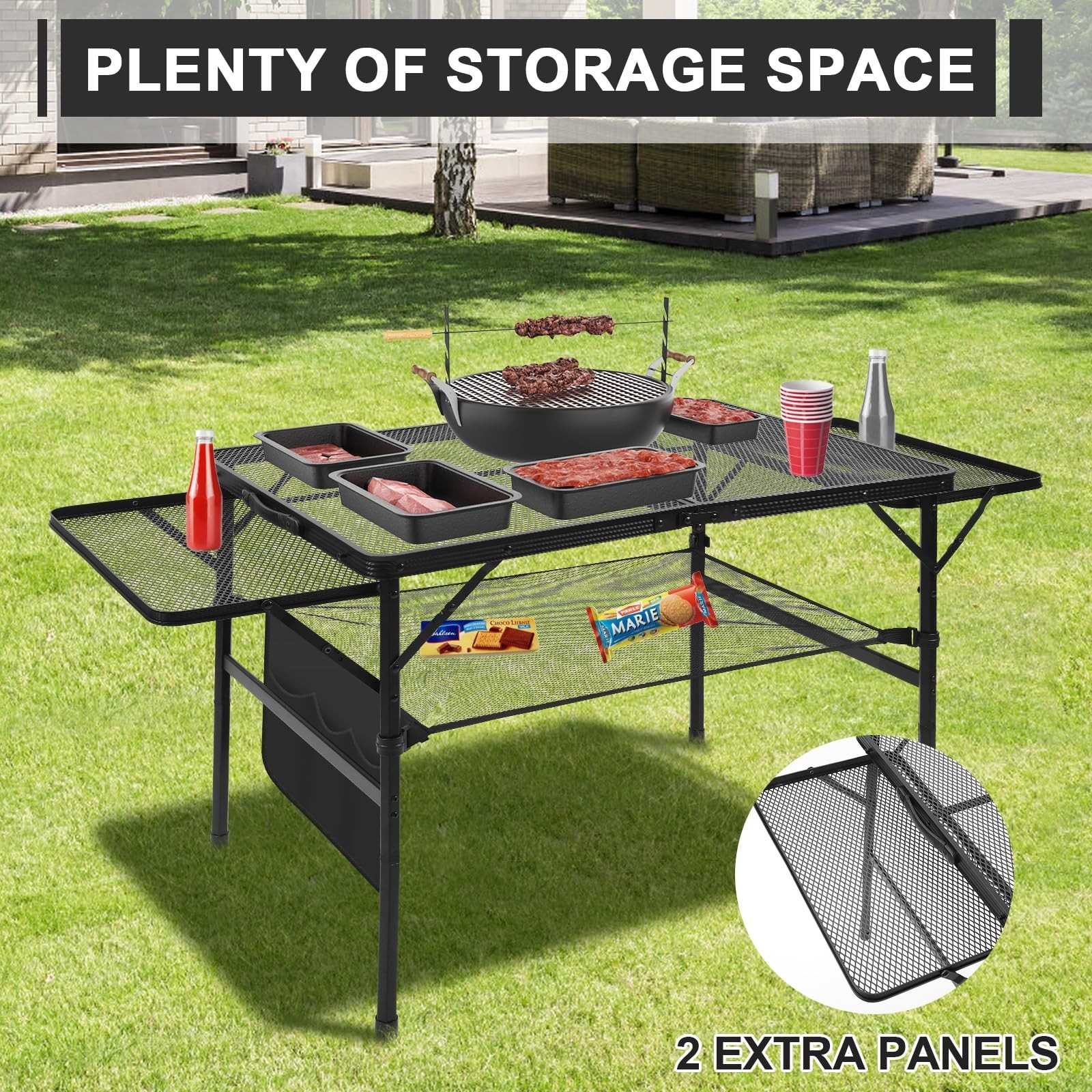 Folding Grill 4.4 FT Portable Camping Table with 2 Wing Panels, Height Adjust...