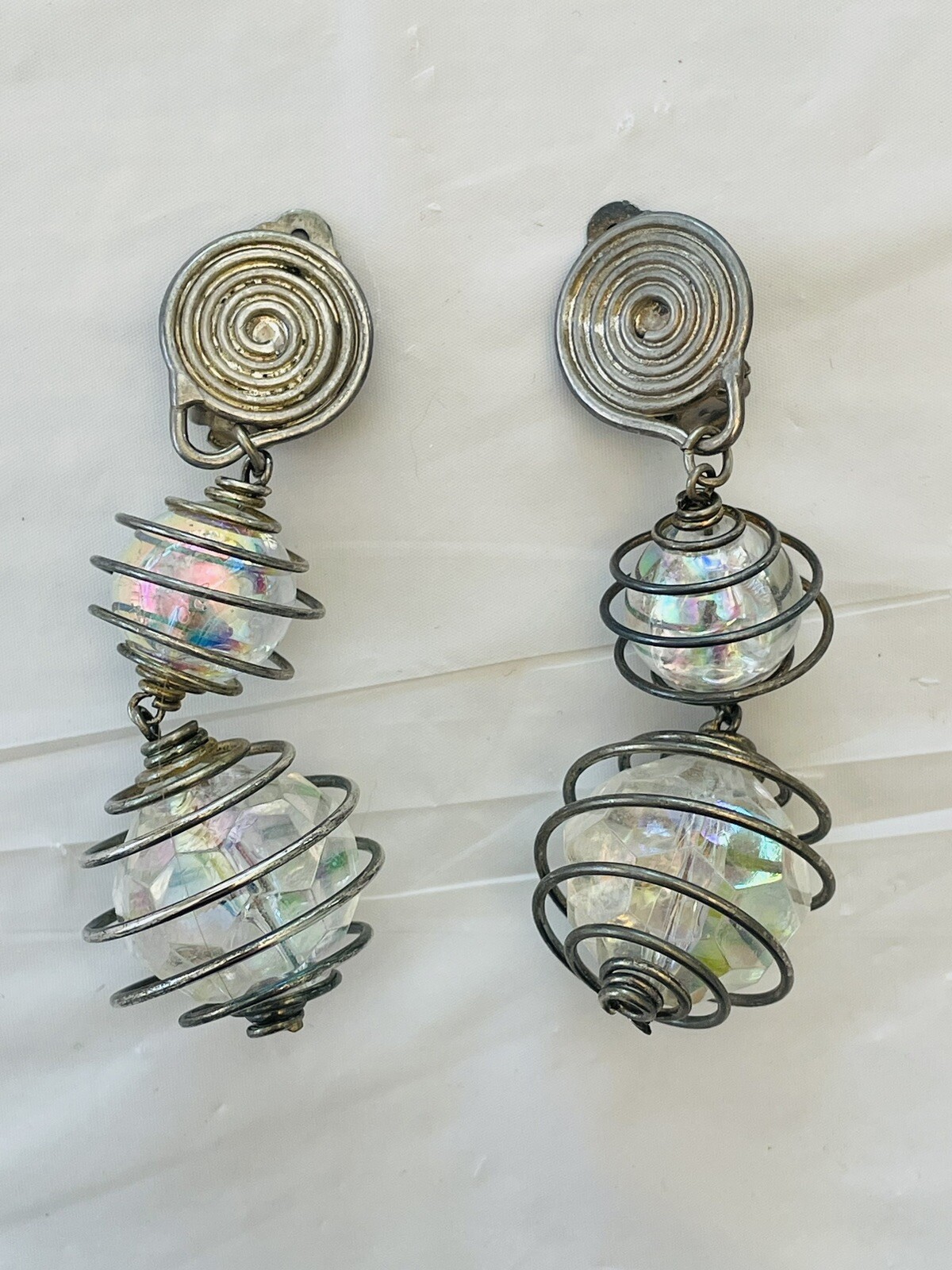 Vintage Silvertone Swirl Aurora Borealis Crystal Drop Earrings