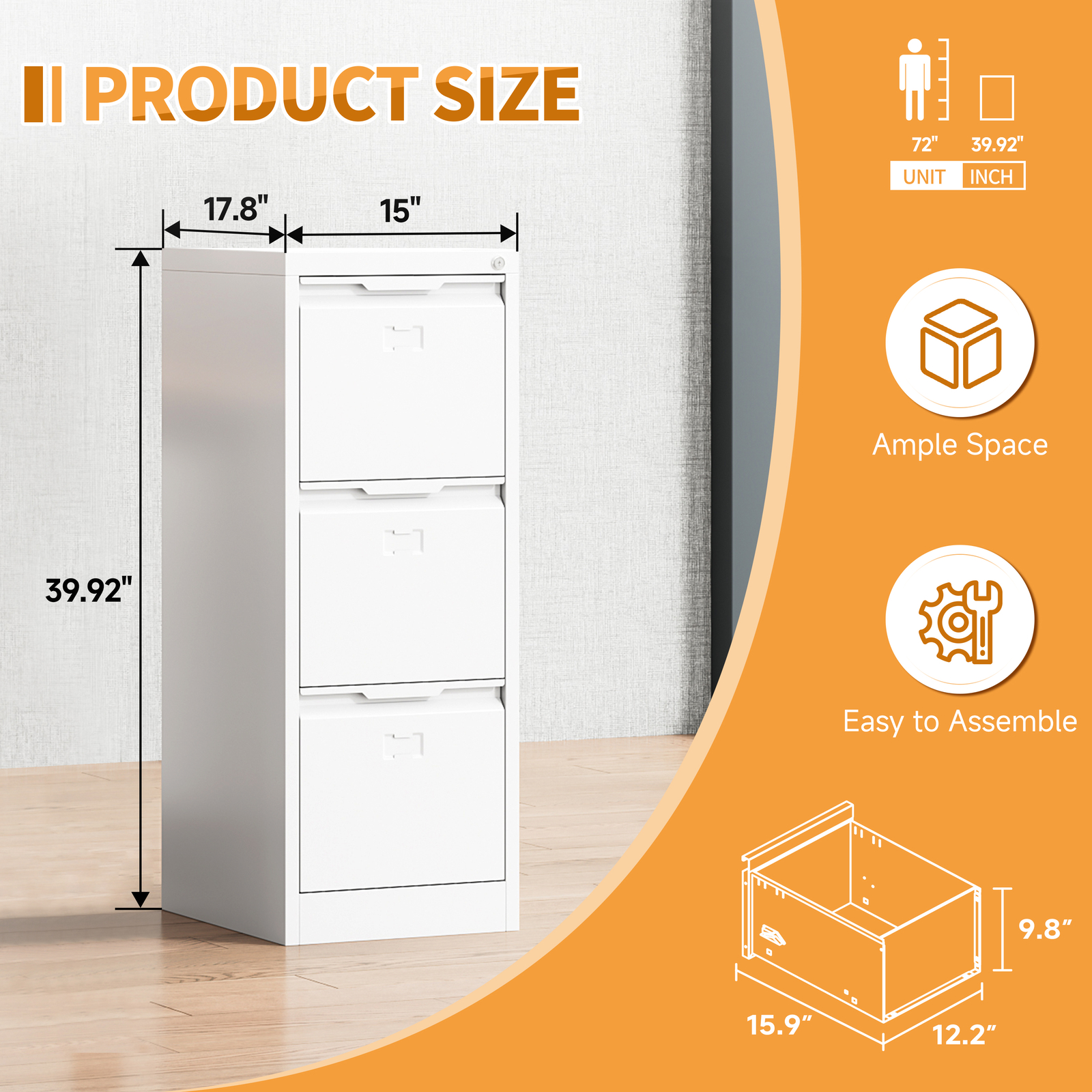 3-Drawer Filing Cabinet Vertical File Cabinet Lockable Office Storage Drawers