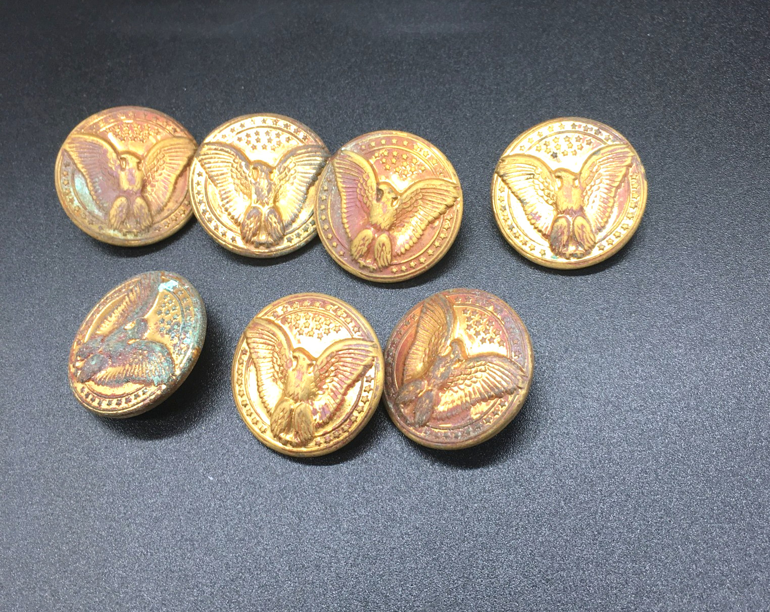 7 Vintage Eagle 39 Star Brass Button 7/8" Lot with case self shank