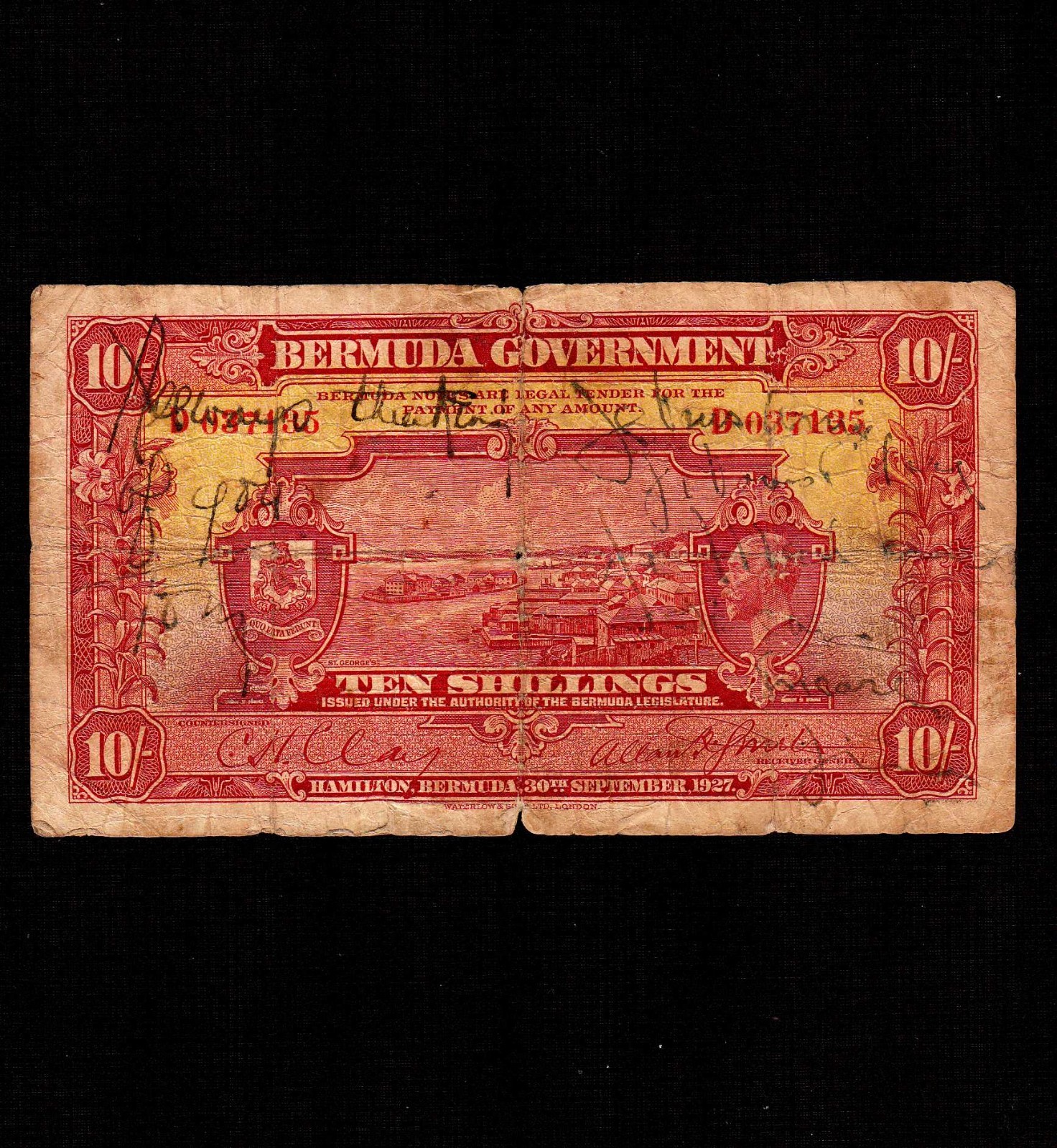 Bermuda 10 Shillings 1927 P-4 * F- * King George *