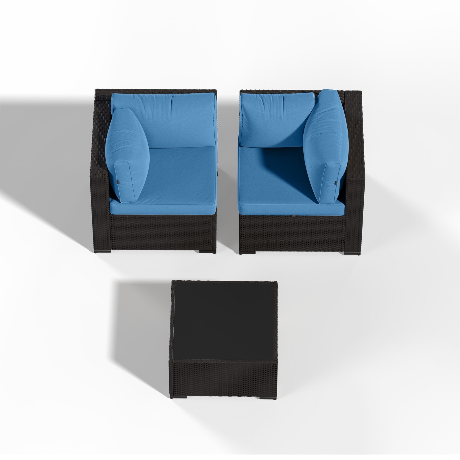 3-Piece Black Rattan Sofa Set Peacock Blue Cushions Coffee Table