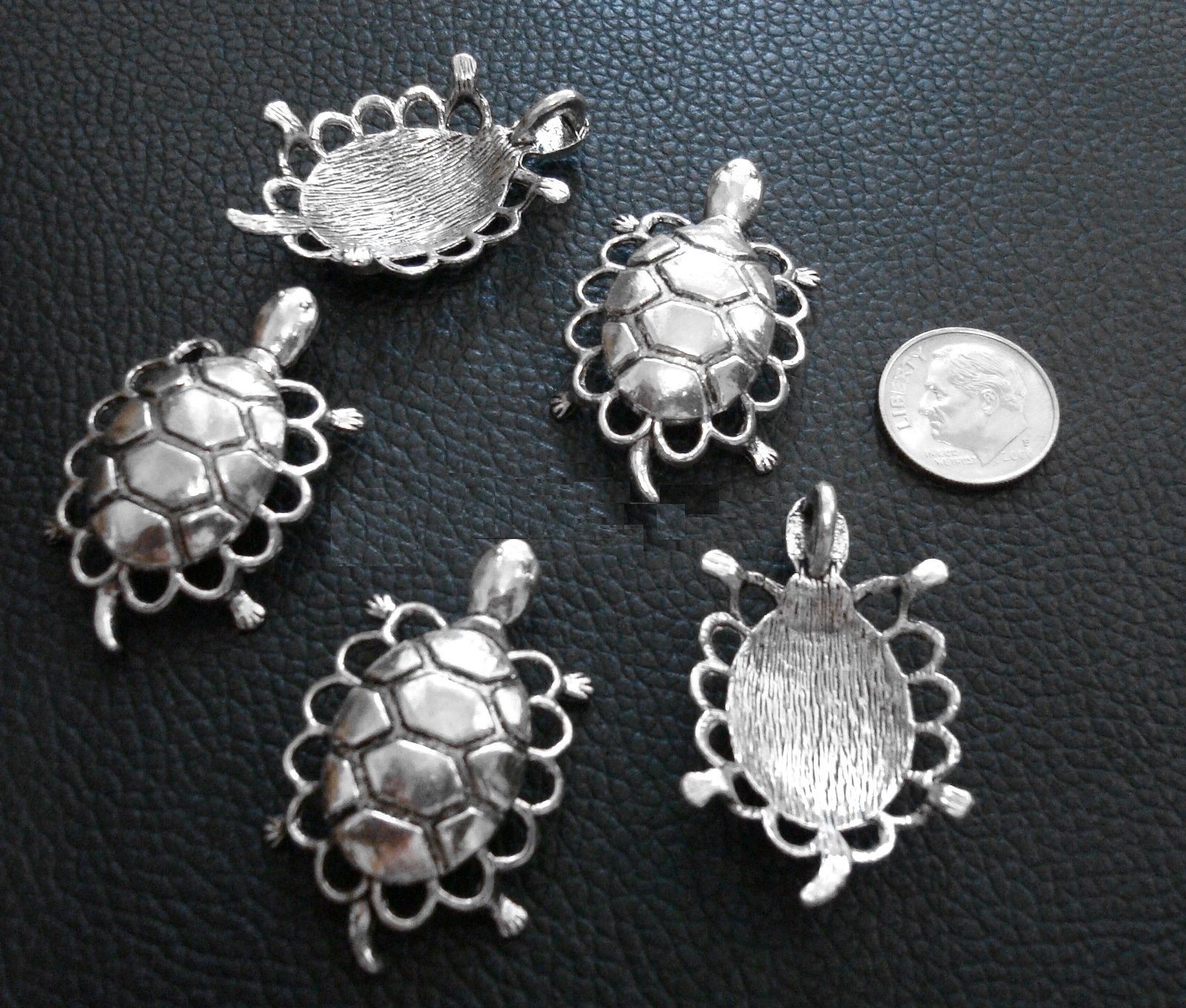 5 Turtle pendants gallery scalloped rim antique silver plt make jewelry cfp094