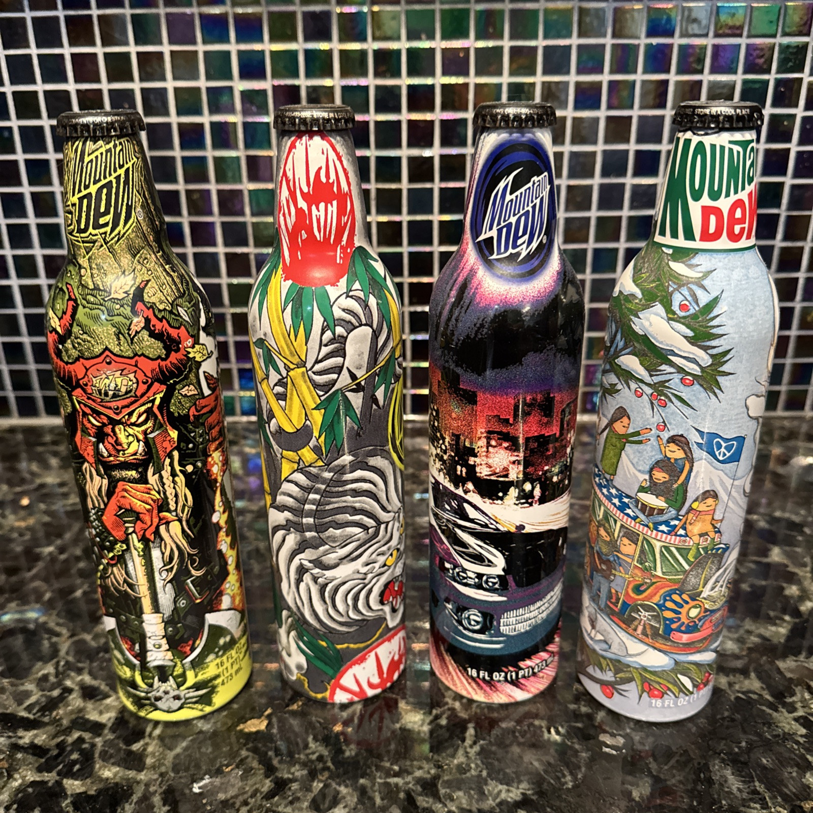 Mountain Dew LIMITED ART LABEL Lot of 4 SEALED FULL VGUC COLLECT MAN CAVE COOL