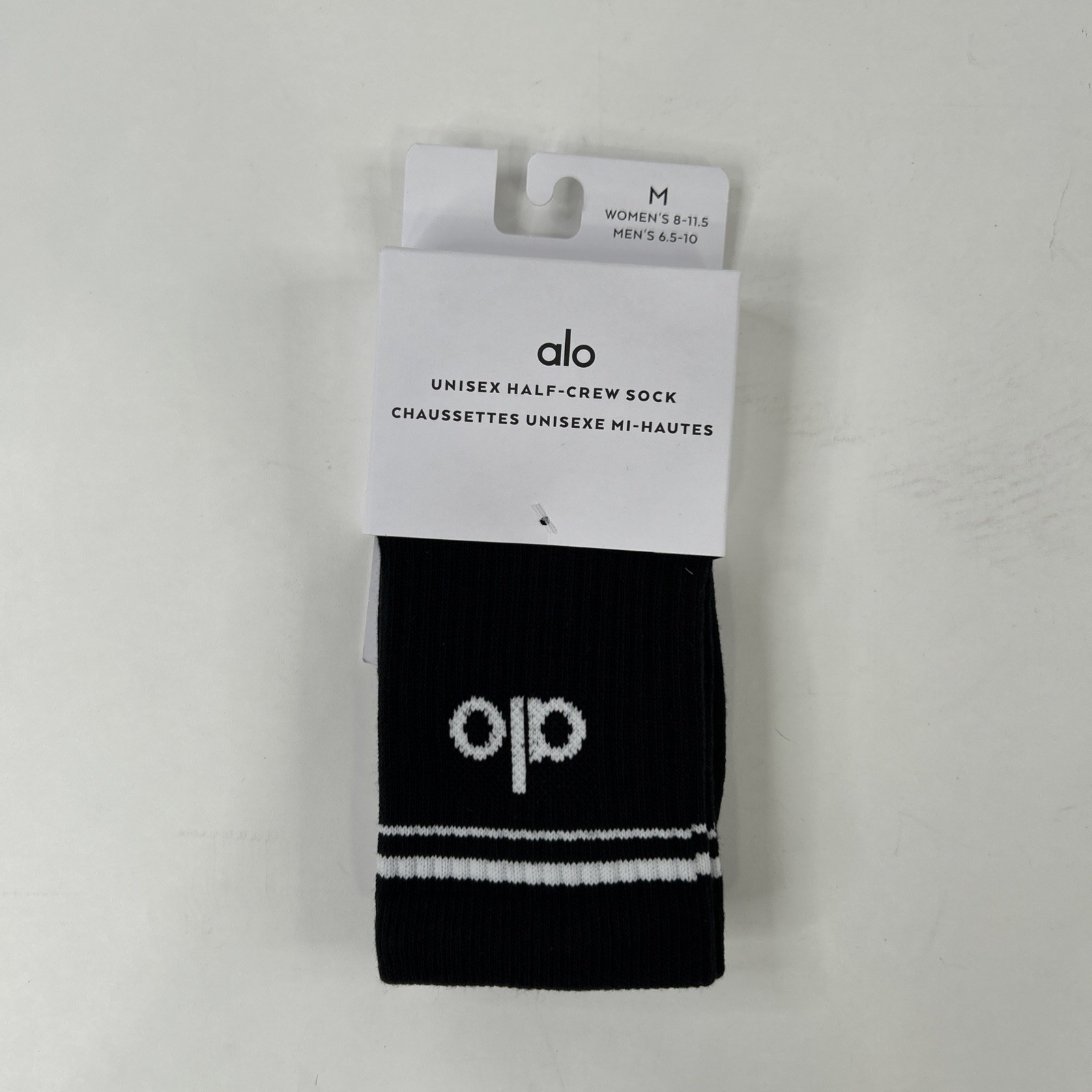 Alo Yoga A0480U Unisex Sz M (W's 8-11.5/M's 6.5-10) Black/White Half-Crew Socks
