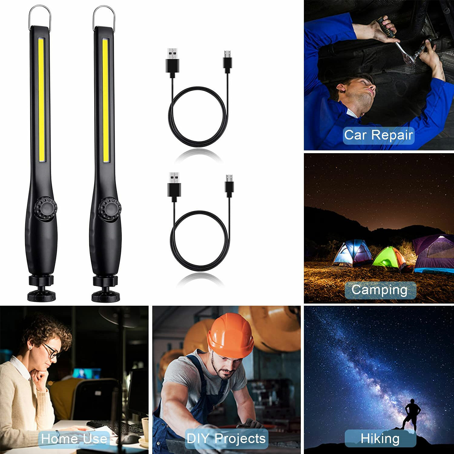 2PCS Ultra Thin COB LED Work Light Mechanic Flashlight Magnetic Base+USB Cable