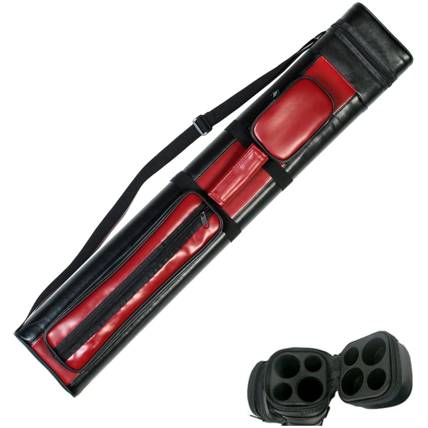 Stylish Hard Pool Cue Stick Case - Red/Black, Adjustable Strap, 2 Butts & 2 S...