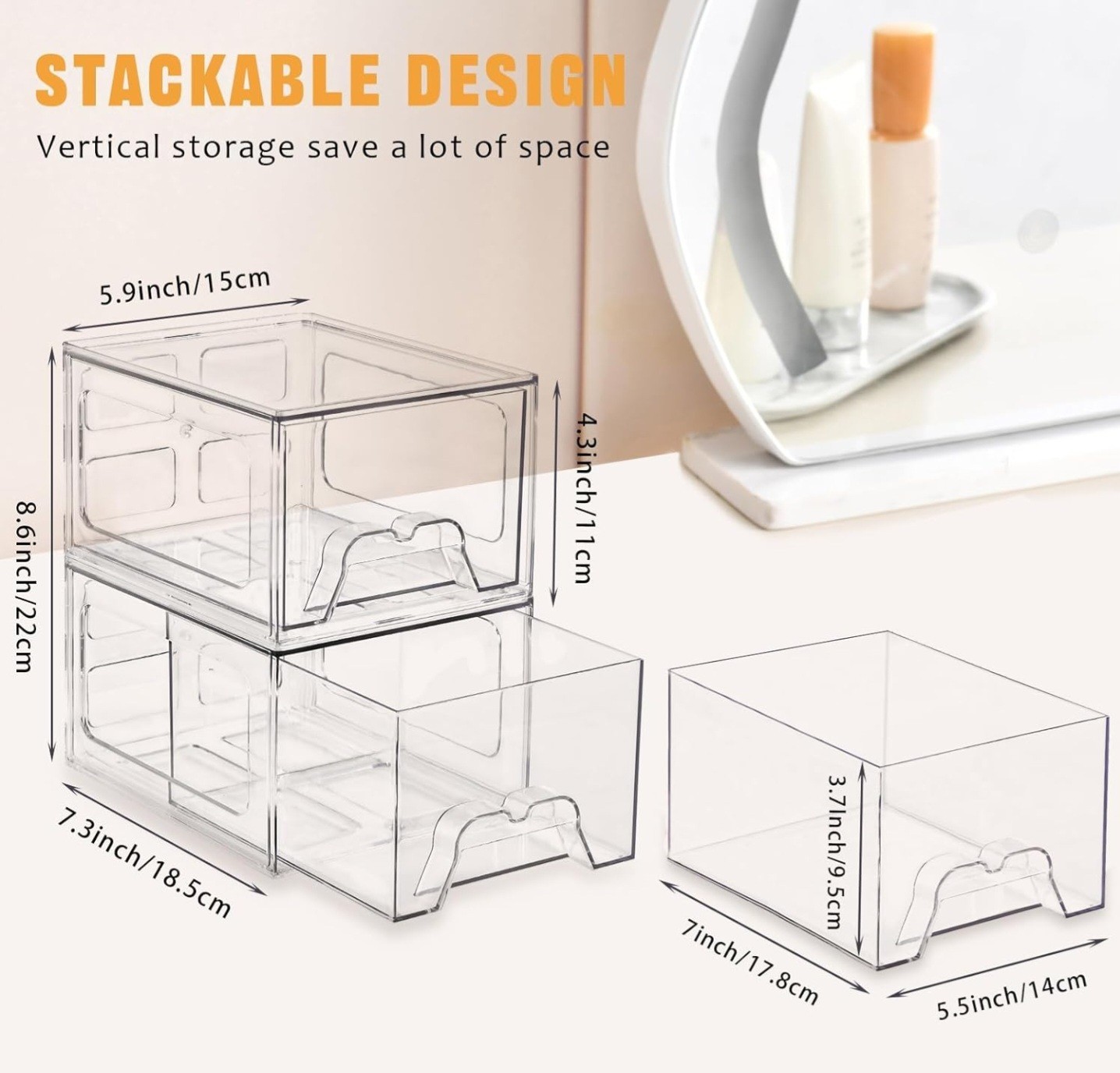 Clear Stackable Plastic Drawer Storage Boxes Set of 6, Anti-Slip, Modern