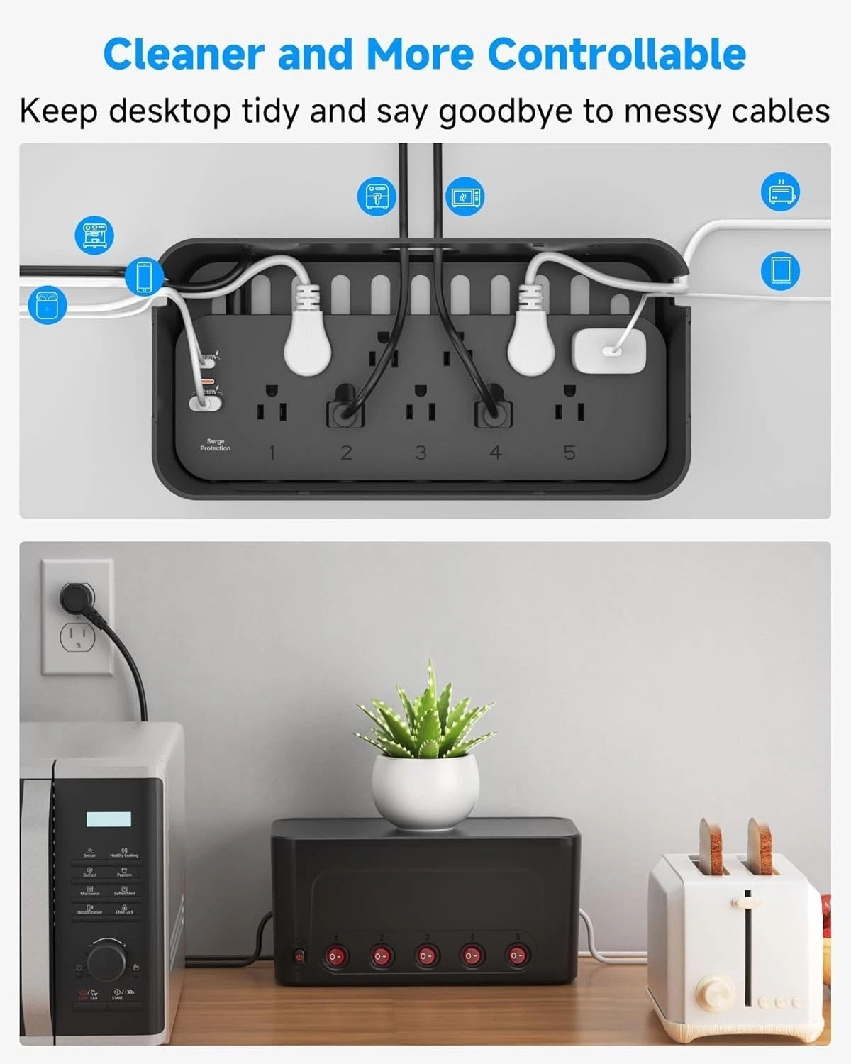 Black Power Strip Box: 10 AC + 3 USB Surge Protector, Cable Management, PD 20...
