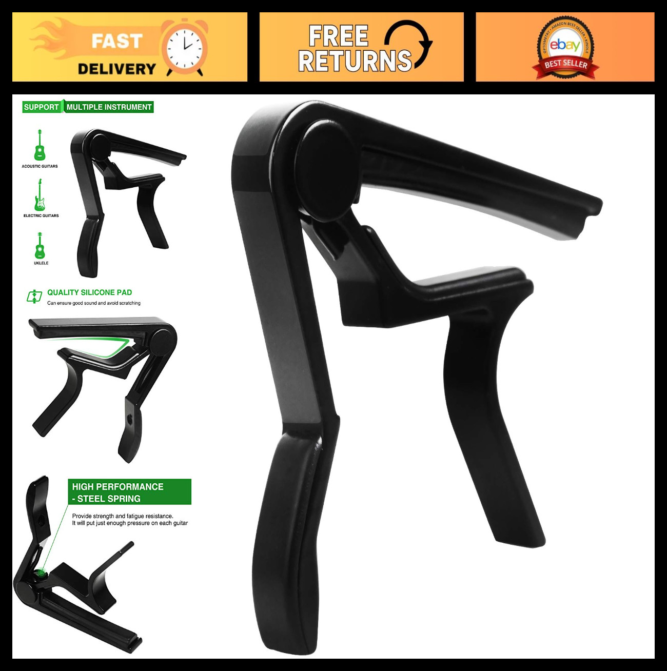 Guitar Capo for 6-String Acoustic & Electric Guitars - Adjustable Black Capo