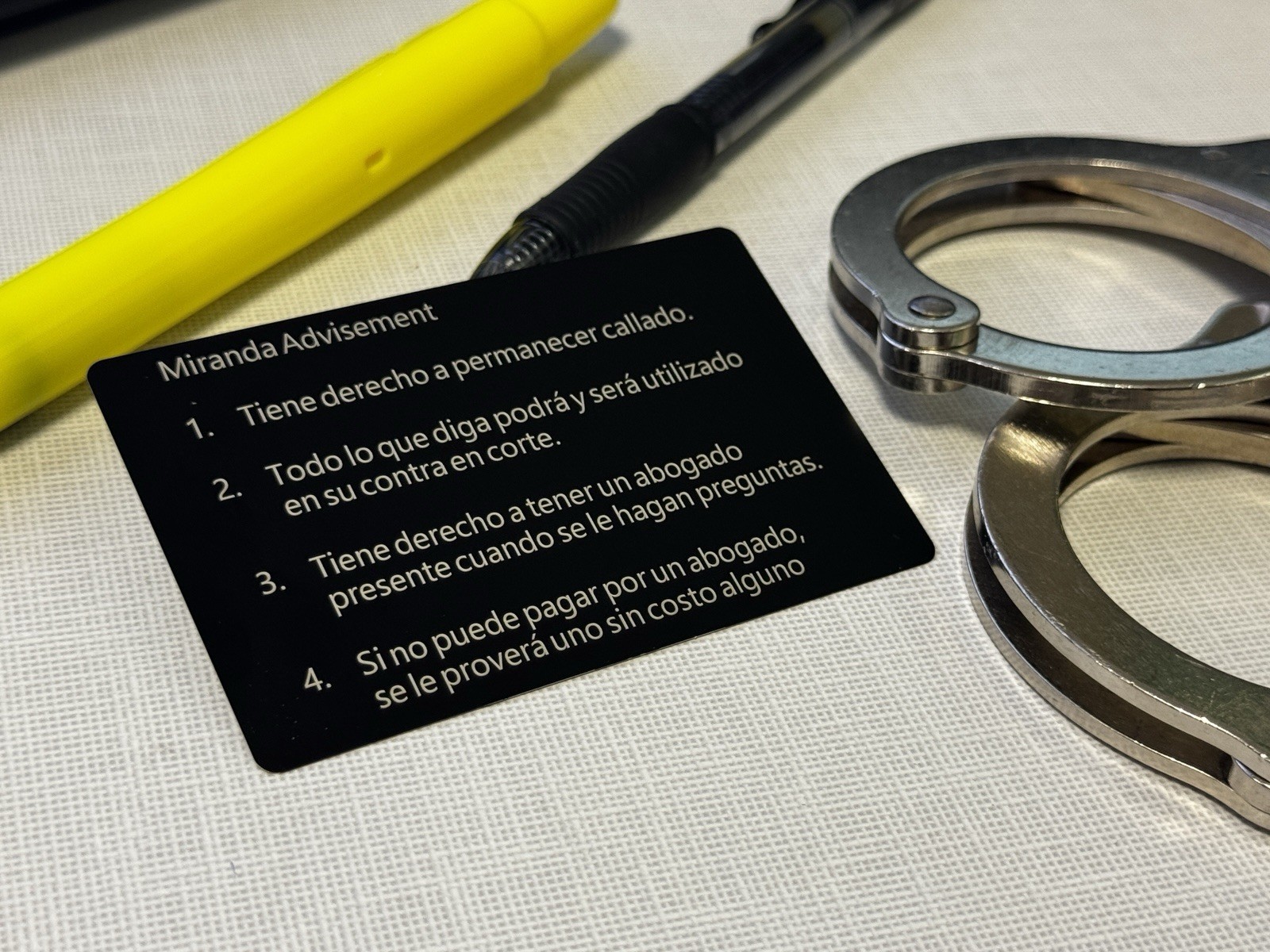 English/Spanish Miranda Warning Card translated Two Sided Metal Engraved Police
