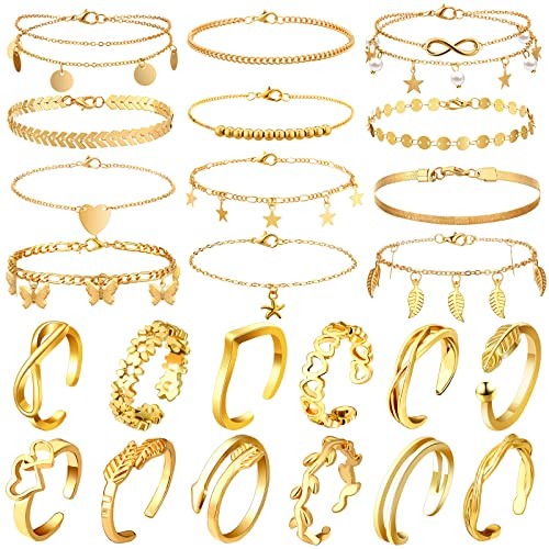 24 Pcs Anklet and Toe Ring Set for Women Girl Silver Layered Anklet Chain Gold