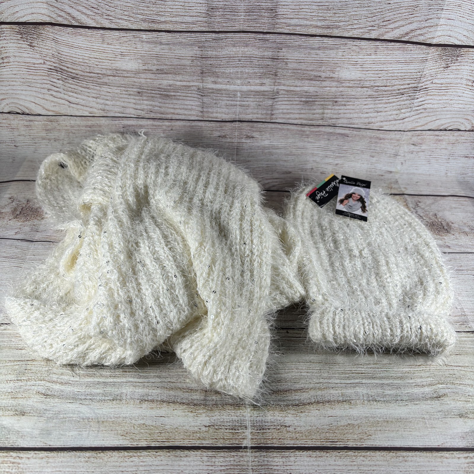 Charlie Paige Women's White Fuzzy Knit Sequin Beanie Hat & Scarf Set Winter