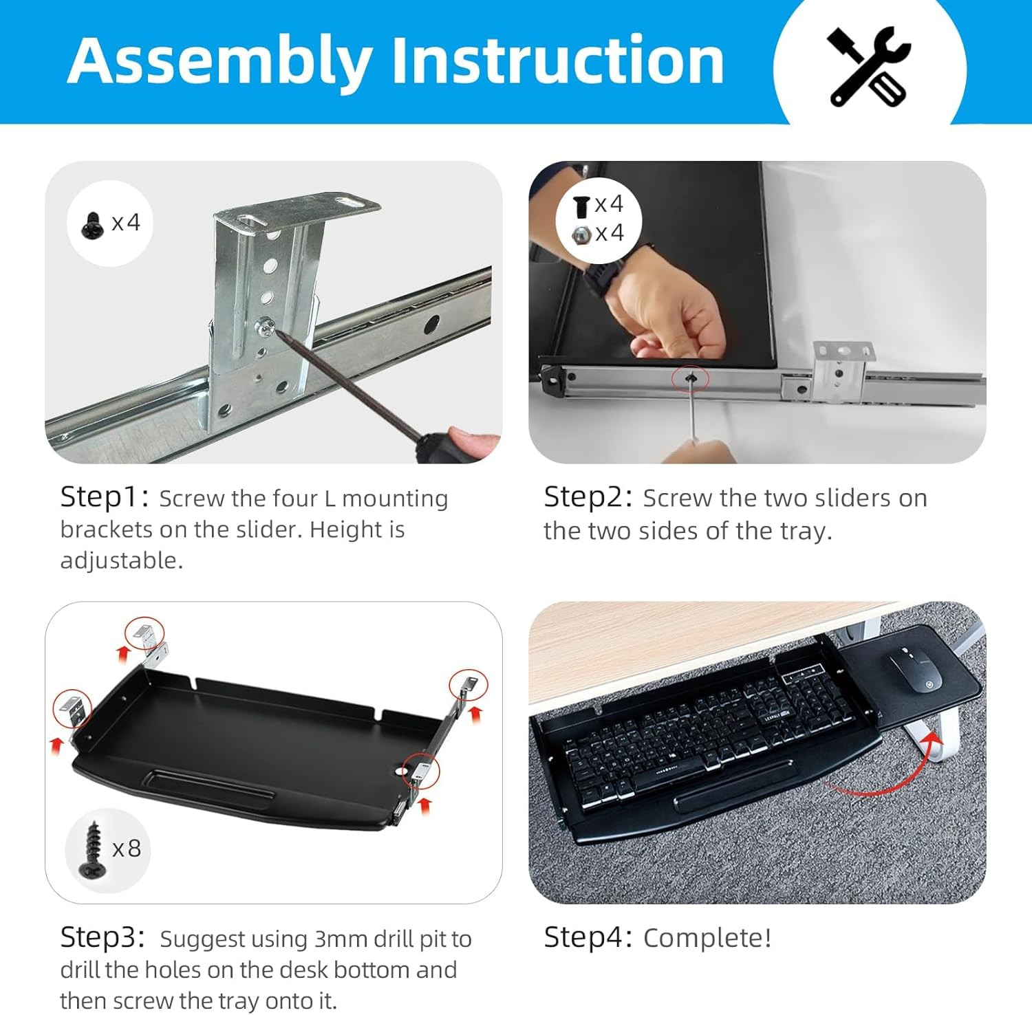 Solid Steel under Desk Keyboard Tray Slide Out with 360° Rotating Mouse Platform