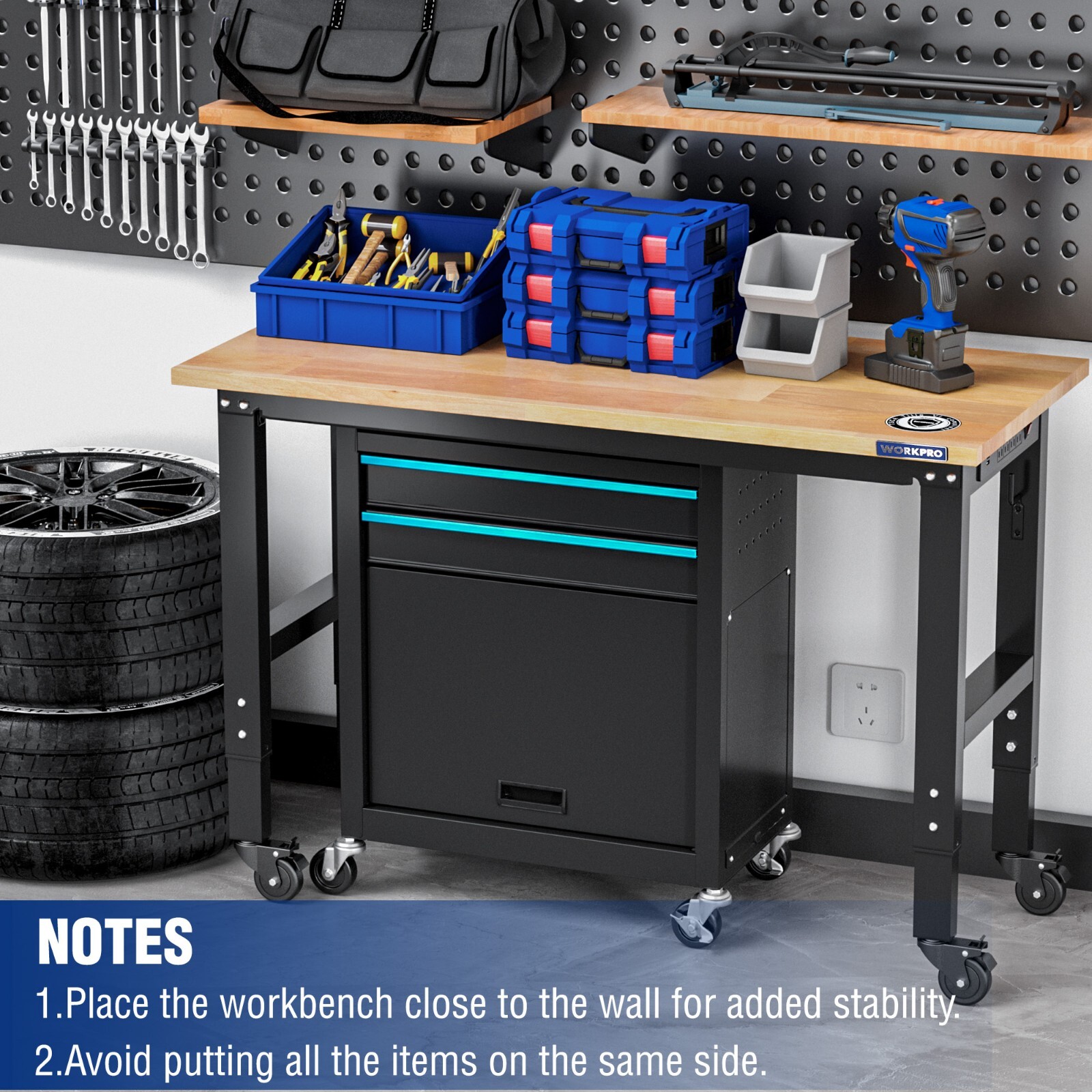 48"X22" Adjustable Workbench with Wheels, Rubber Wood Top Heavy-Duty Workstation