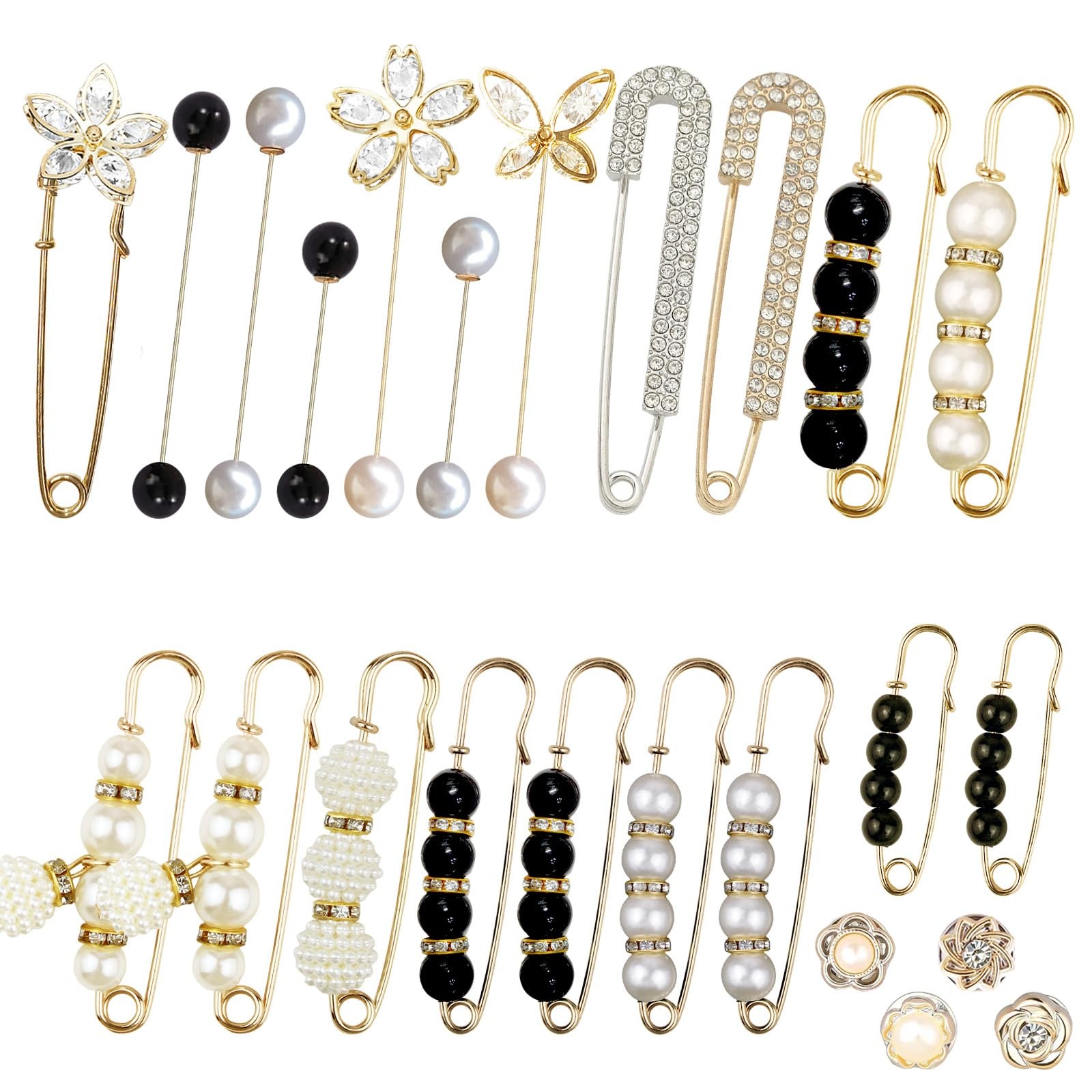 24 Pieces Pearl Crystal Brooch Safety Pins Button Pins Pant Waist Tightener P...
