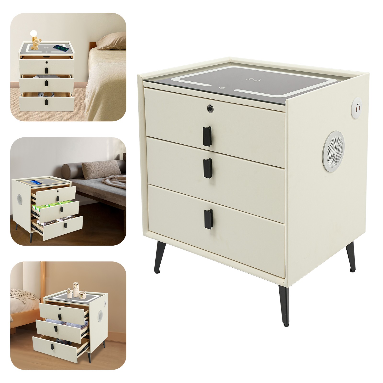 Smart Bedside Table Nightstand 3 Drawers- End Table with USB&Wireless Charging