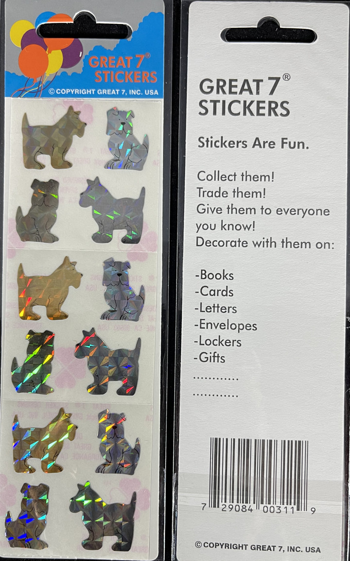 12 Packages of Prismatic Dog Stickers, "Great 7" Sticker Designs, PPZ0109