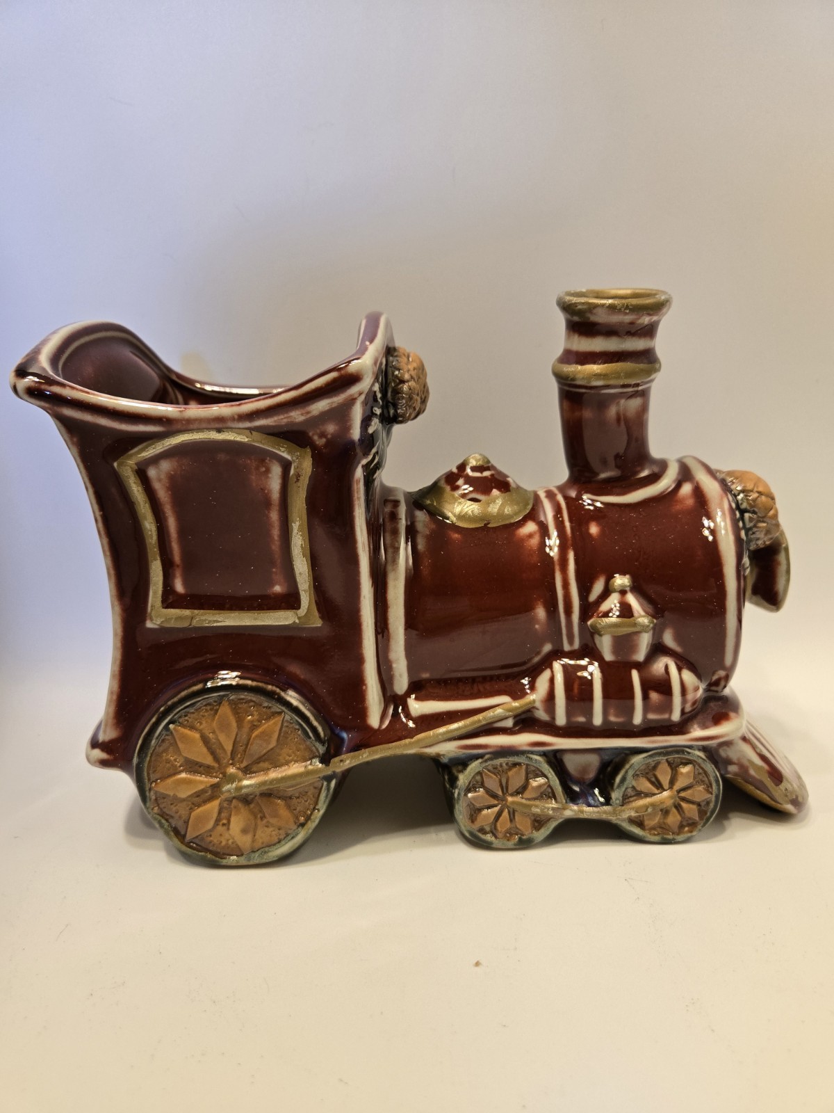 VNT 1957 Burgandy Steam Locomotive Holiday Ceramic Hand Painted Planter