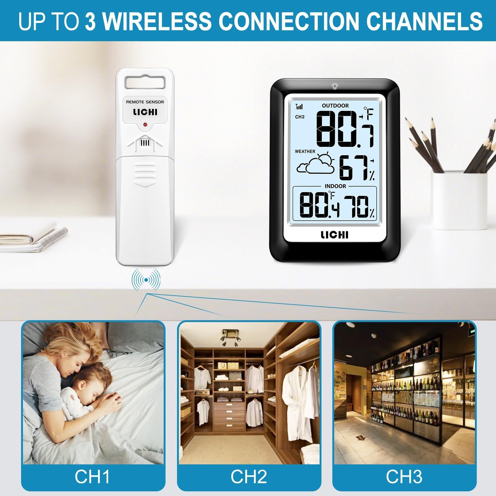 Indoor Outdoor Thermometer Wireless Weather Station, Internal External Thermo...