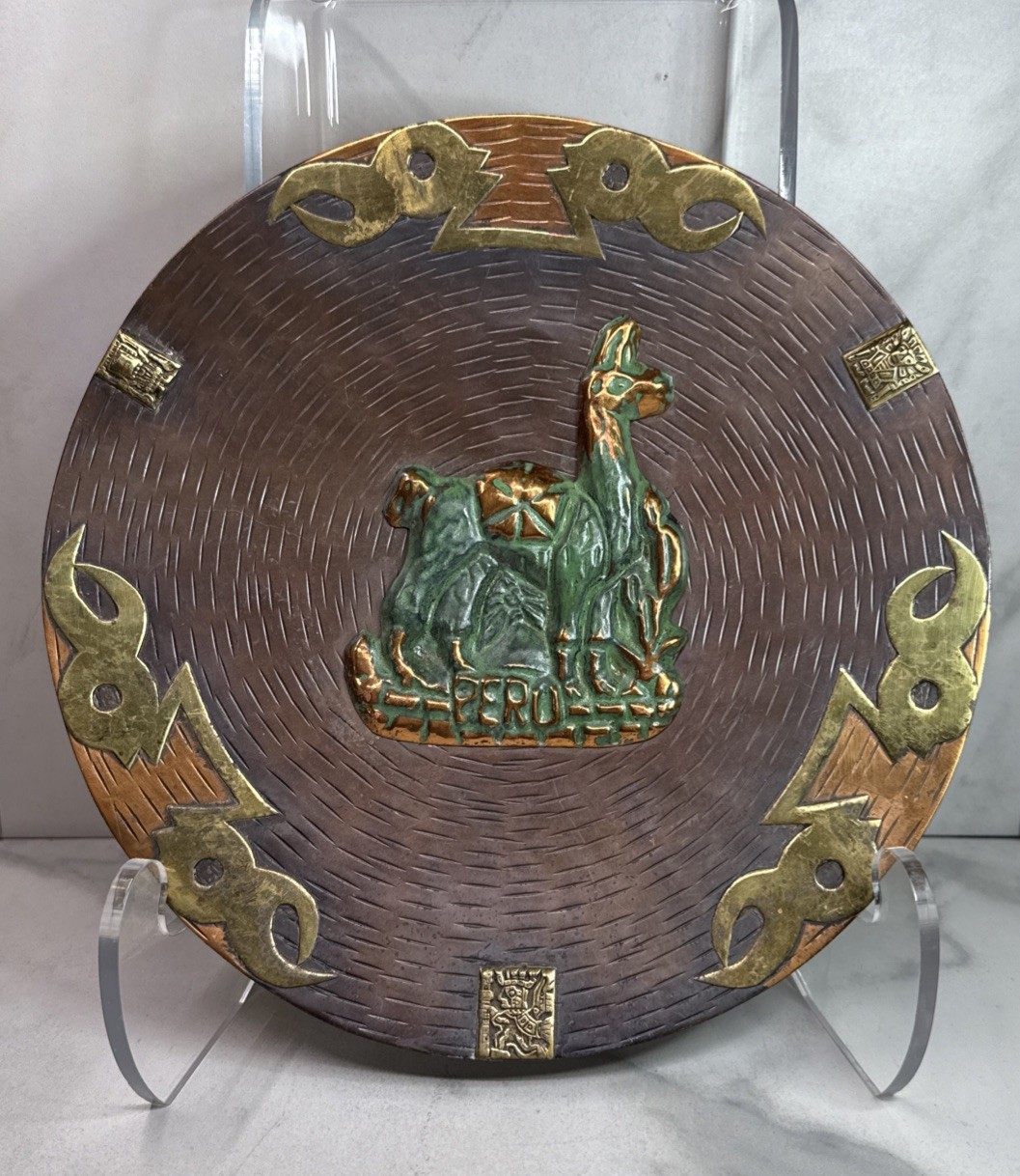 Peruvian Brass  Copper Decorative Wall Plate Souvenir 8.5” llama Round Casa Mas