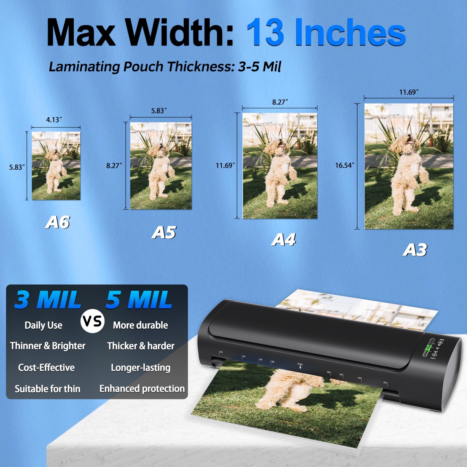 13 Inch Laminator Machine with 30 Laminating Sheets, A3 11-in-1 Hot & Cold Th...