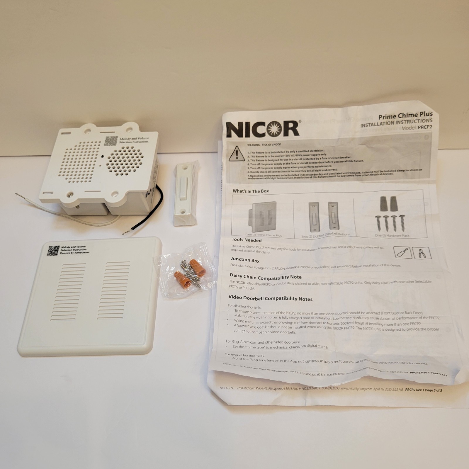 Nicor Lighting PRCP2 Doorbell Chime Kit with 1 Button, White Prime Chime 2