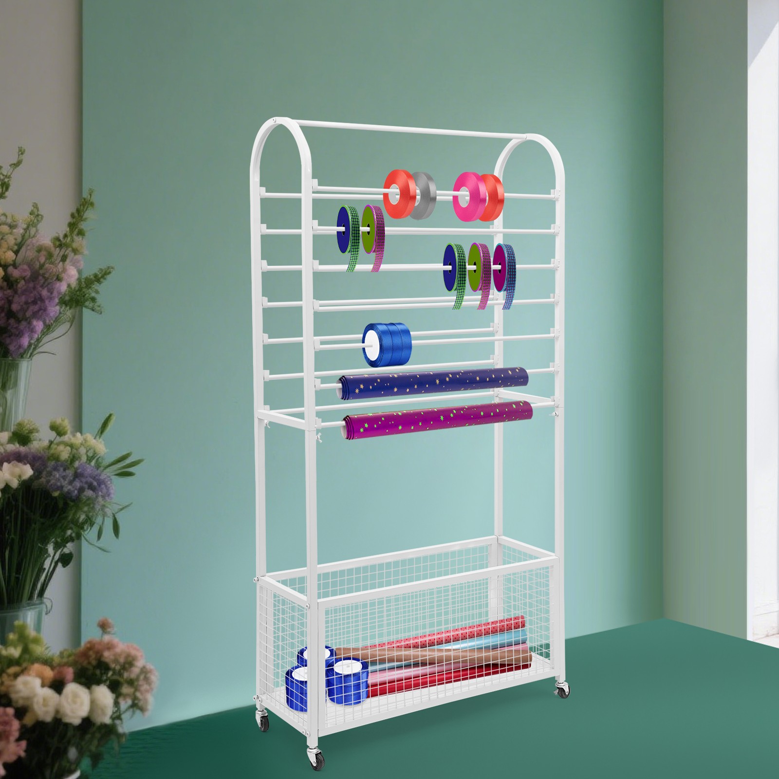 Double-Sided Ribbon Holder, White Ribbon Organizer, Ribbon Storage Display Rack