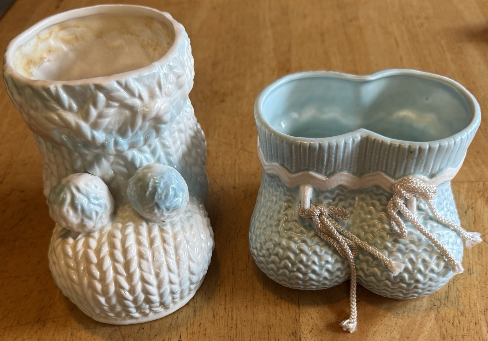 2 Vintage Baby Boy Bootie Ceramic Planters (1) Lefton 05601