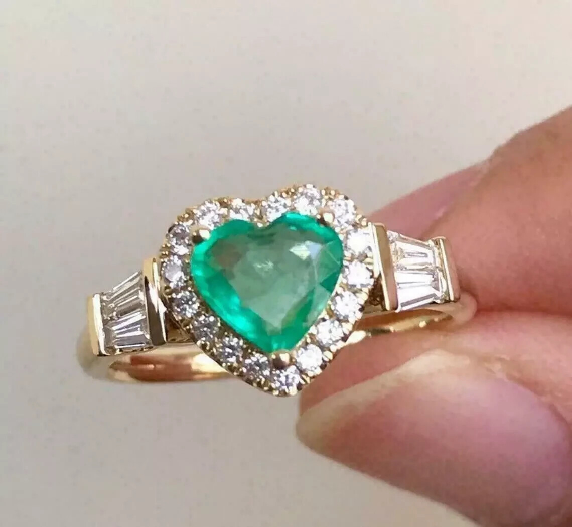 1.50Ct Natural Diamond & Green Emerald Heart Promise Ring Solid 14K Yellow Gold
