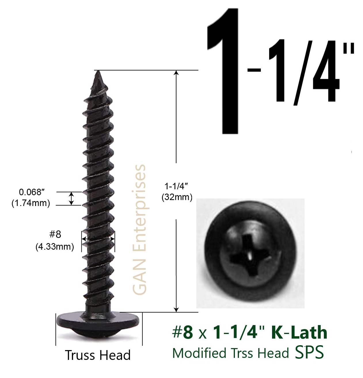 Modified Truss Head Self piercing sharp point Screws #8x 1/2"- 3" K-Lath Black