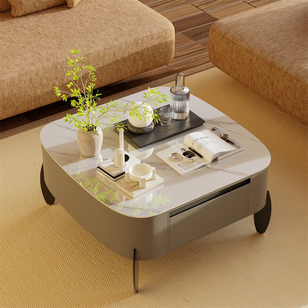 Luxury Side Coffee Table Microfiber Saddle Leather Living Room Table w/2 Drawers