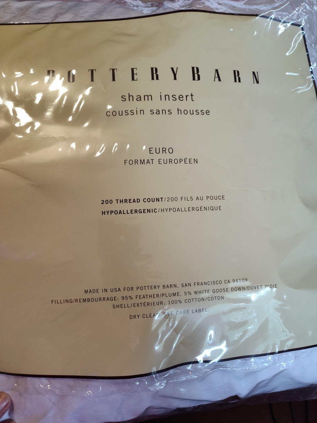 POTTERY BARN SHAM INSERT EURO 200 THREAD COUNT