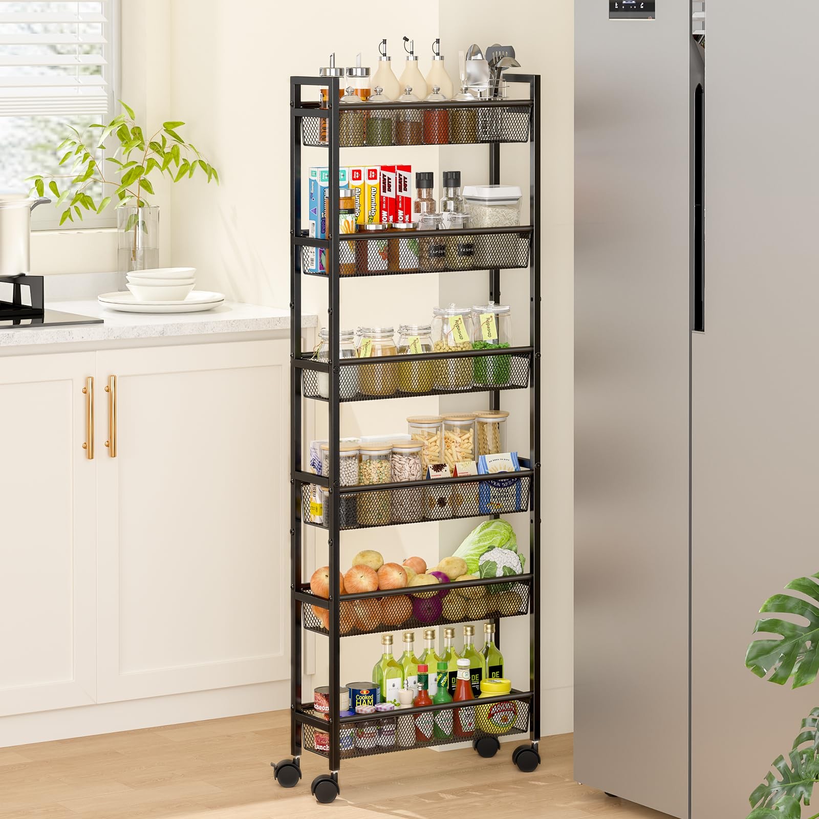 6 Tier Slim Storage Cart, Narrow Cart with Wheels, Metal Mobile Shelving Unit...