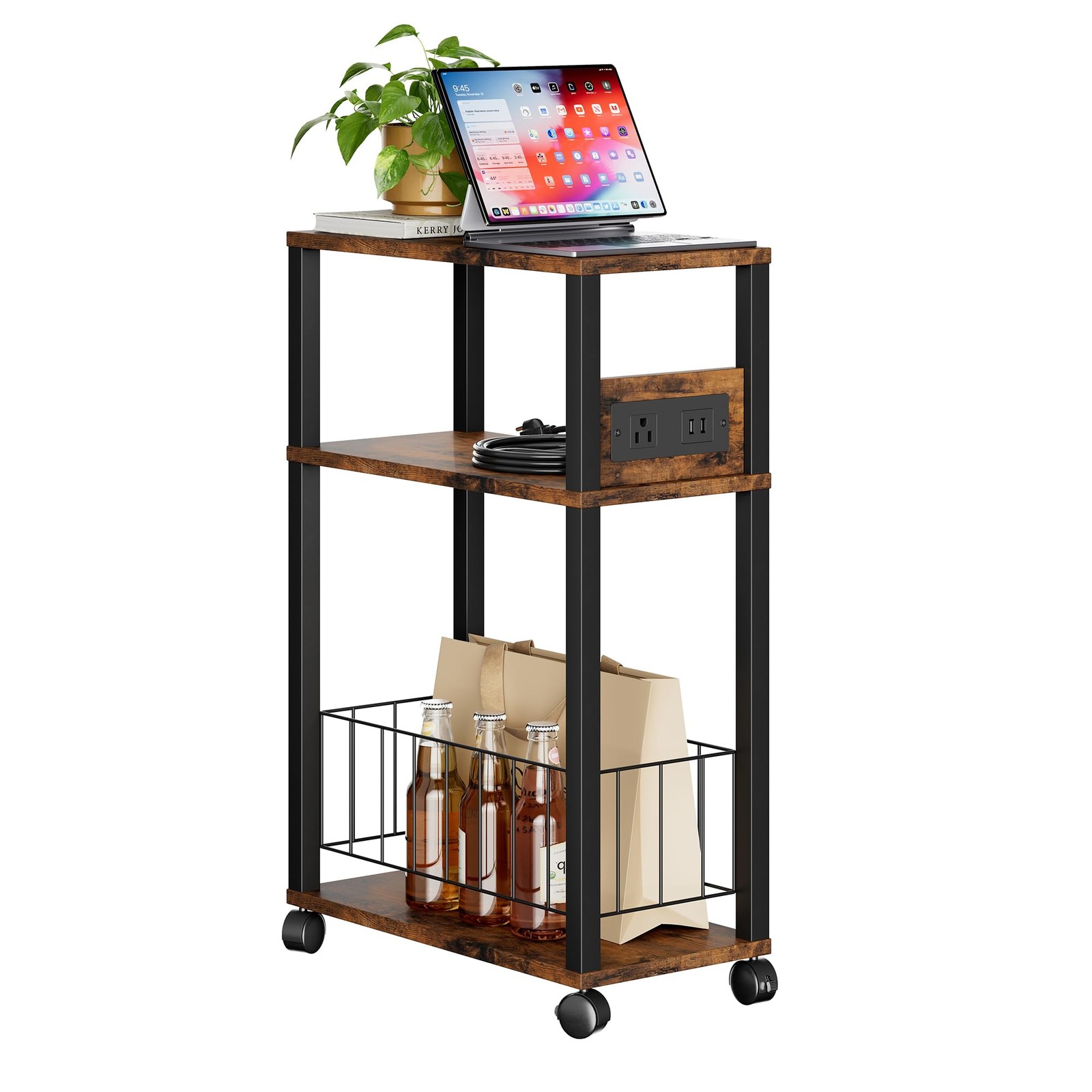 Narrow Rolling Side Table Charging Station Storage Basket Rustic Brown