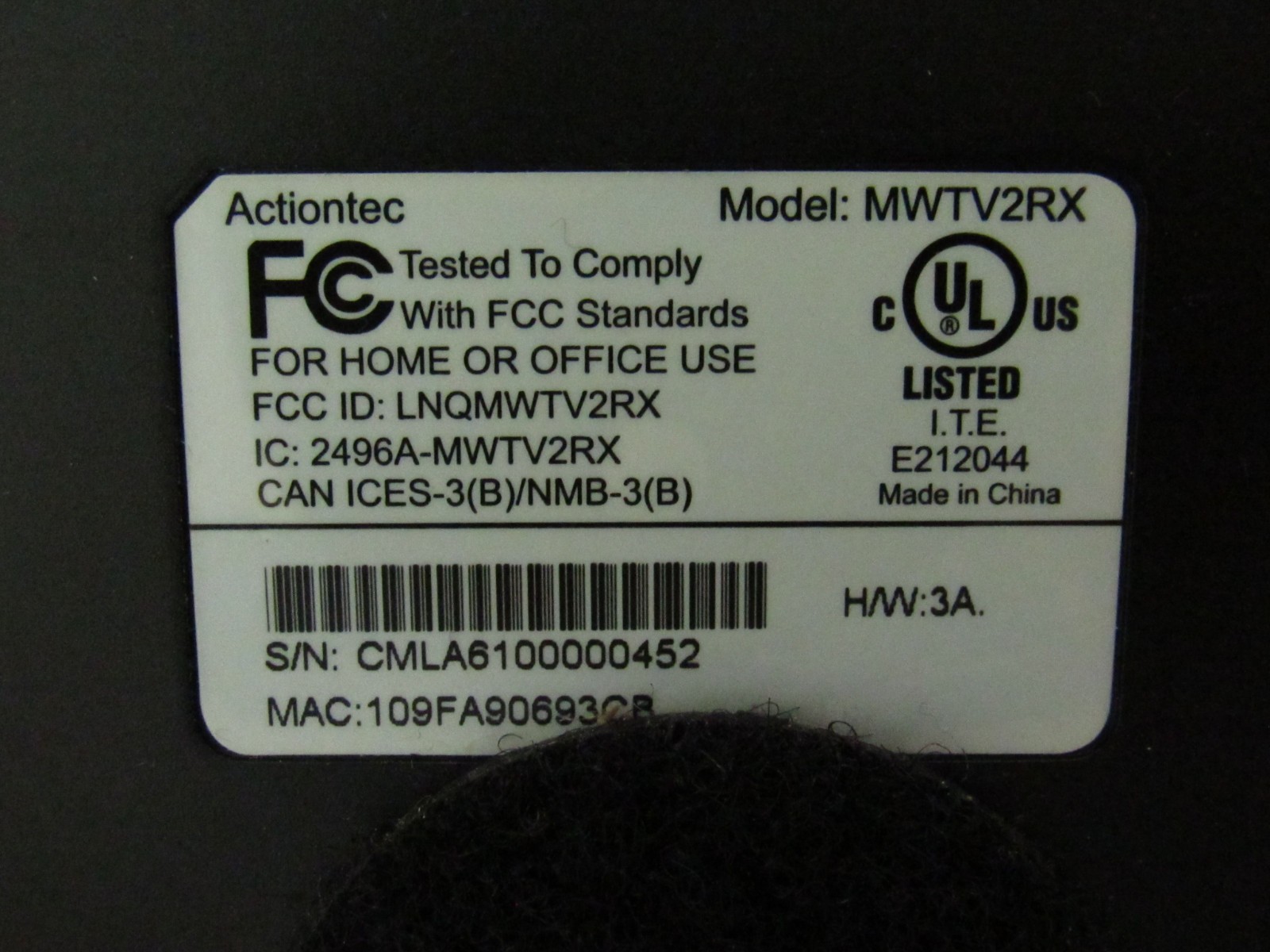 Actiontec MWTV2RX Wireless HD Video Transmitter with Power Cord Tested Works