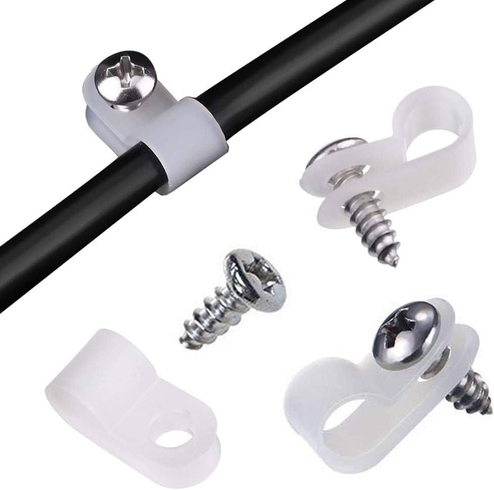 100Pcs 1/2 Inch R-Type Cable Clamps, Nylon Plastic Cable Clips with Screws, Moun