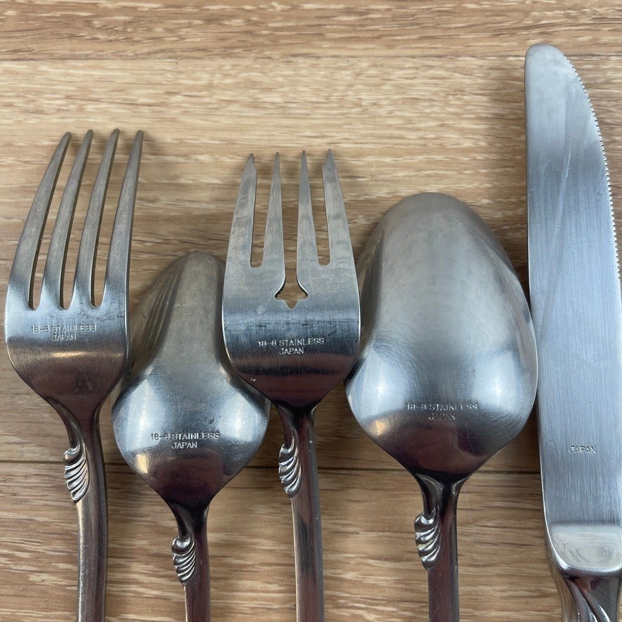 50 Plus 18-8 Stainless Japan Flatware Set Scroll Pattern Knives Forks Spoons