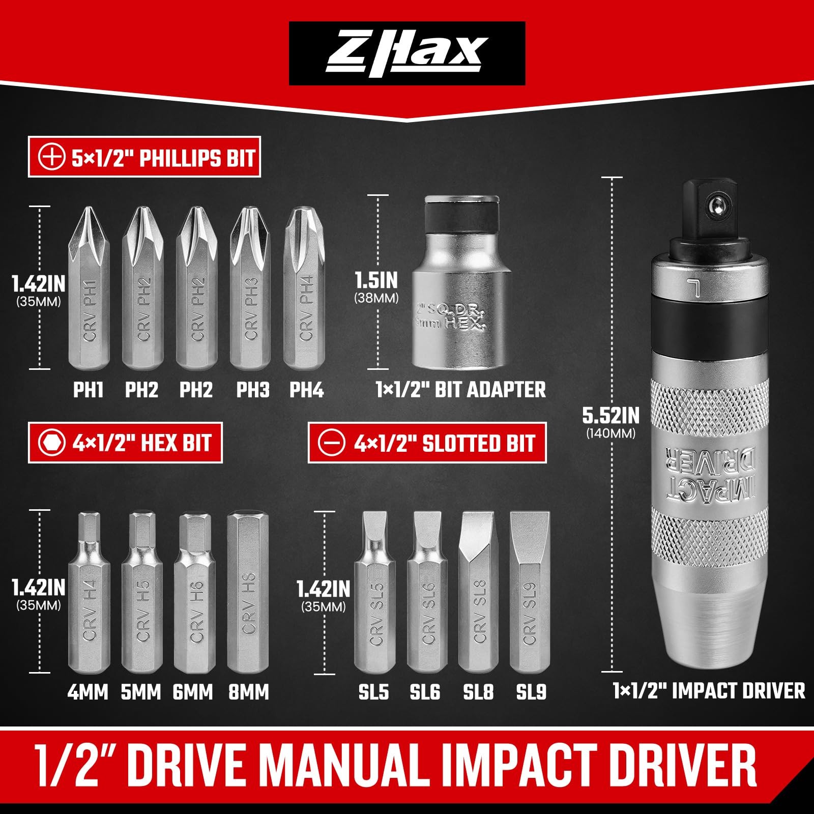 ZHAX 1/2" Hand Impact Driver 15 Pcs Reversible Screwdriver CR-V Set Case Bolt