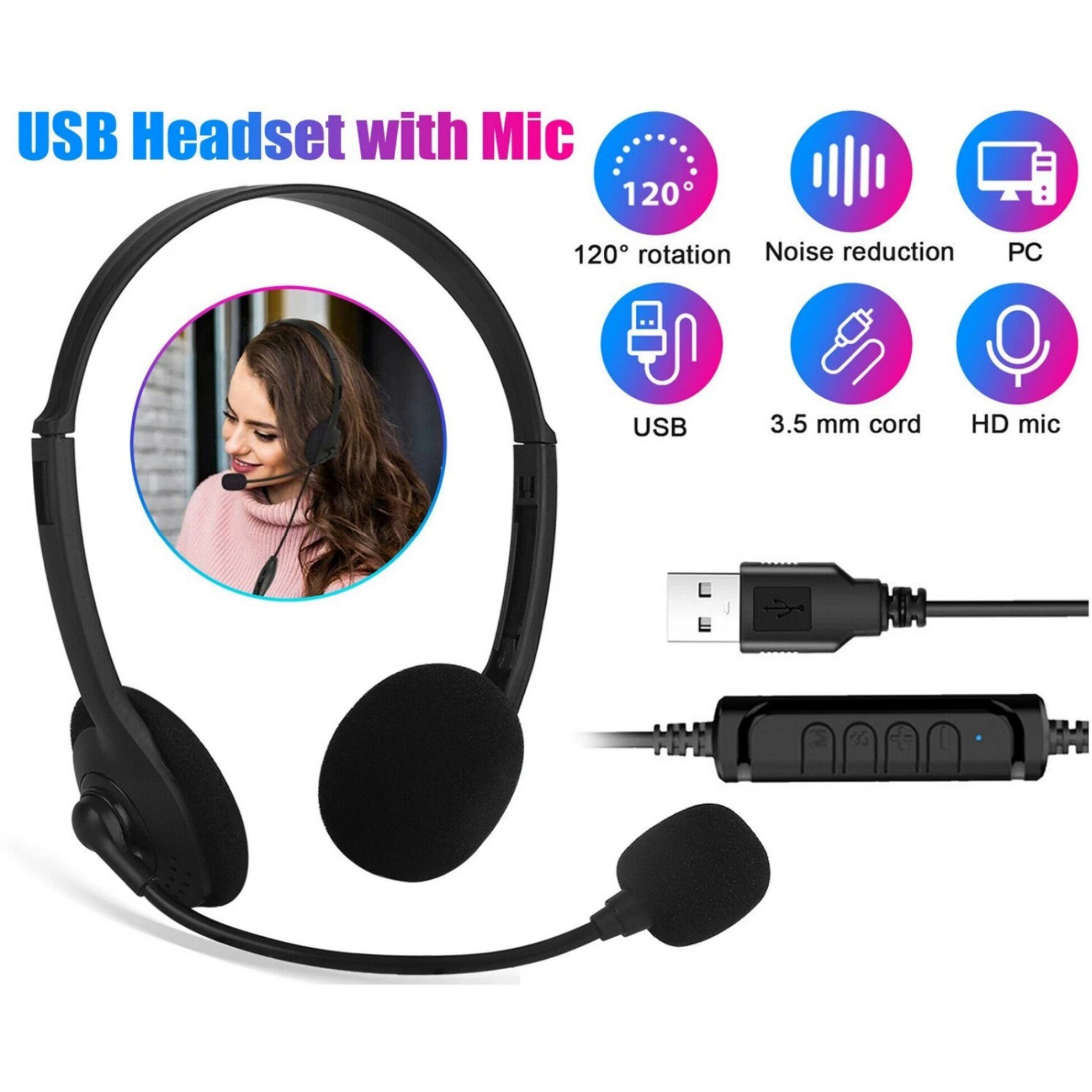 Lightweight Computer Headset With USB Connector For Call Center Use Work Office