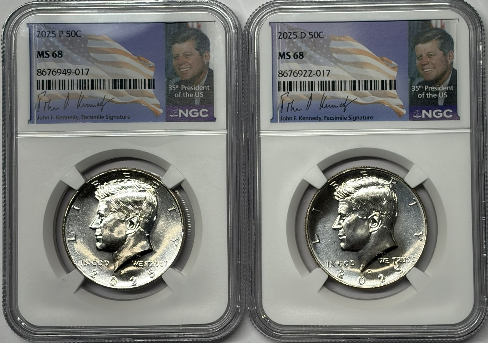 2025 P & D John F Kennedy NGC MS68 2 Coin Set Signature Portrait Labels
