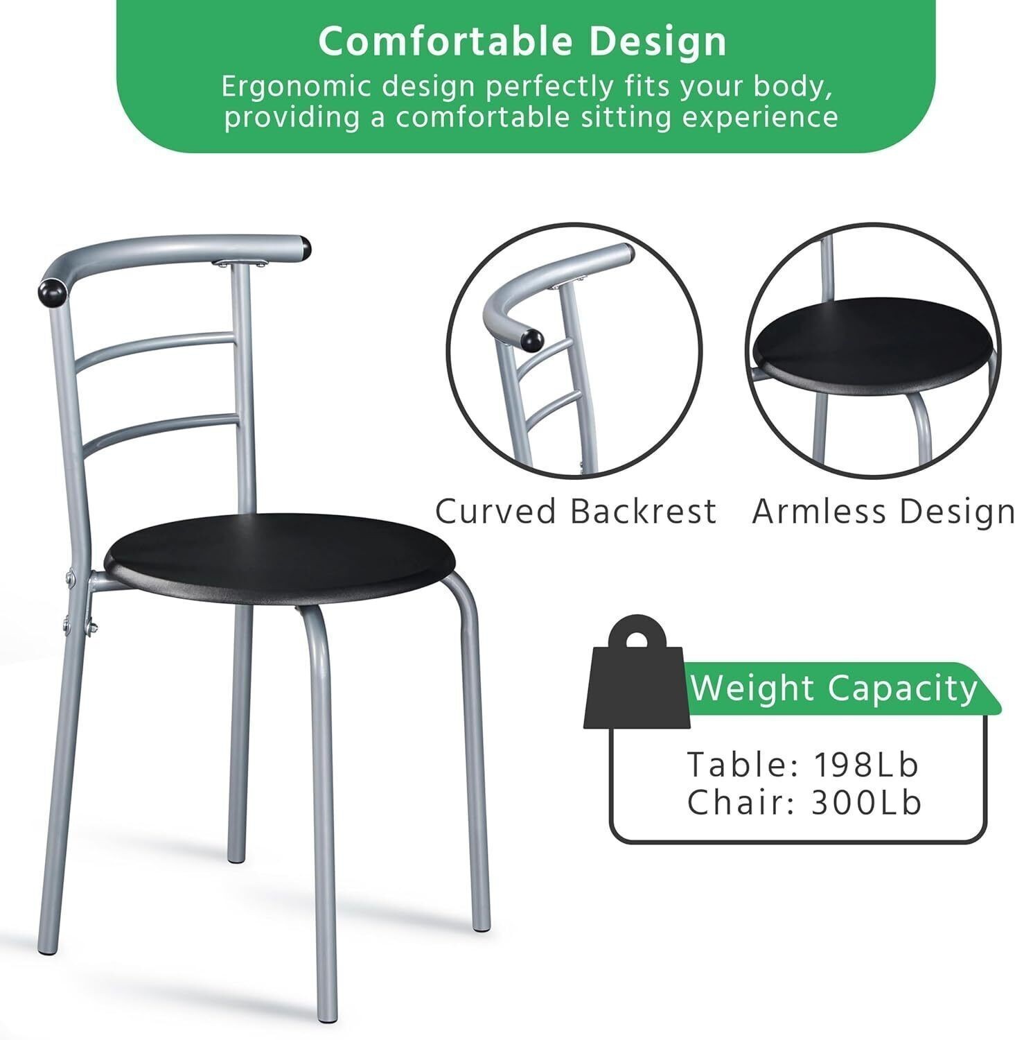 3-Pce Dining Room Table Set, Kitchen Table & Chair Sets for 2, Compact Table Set