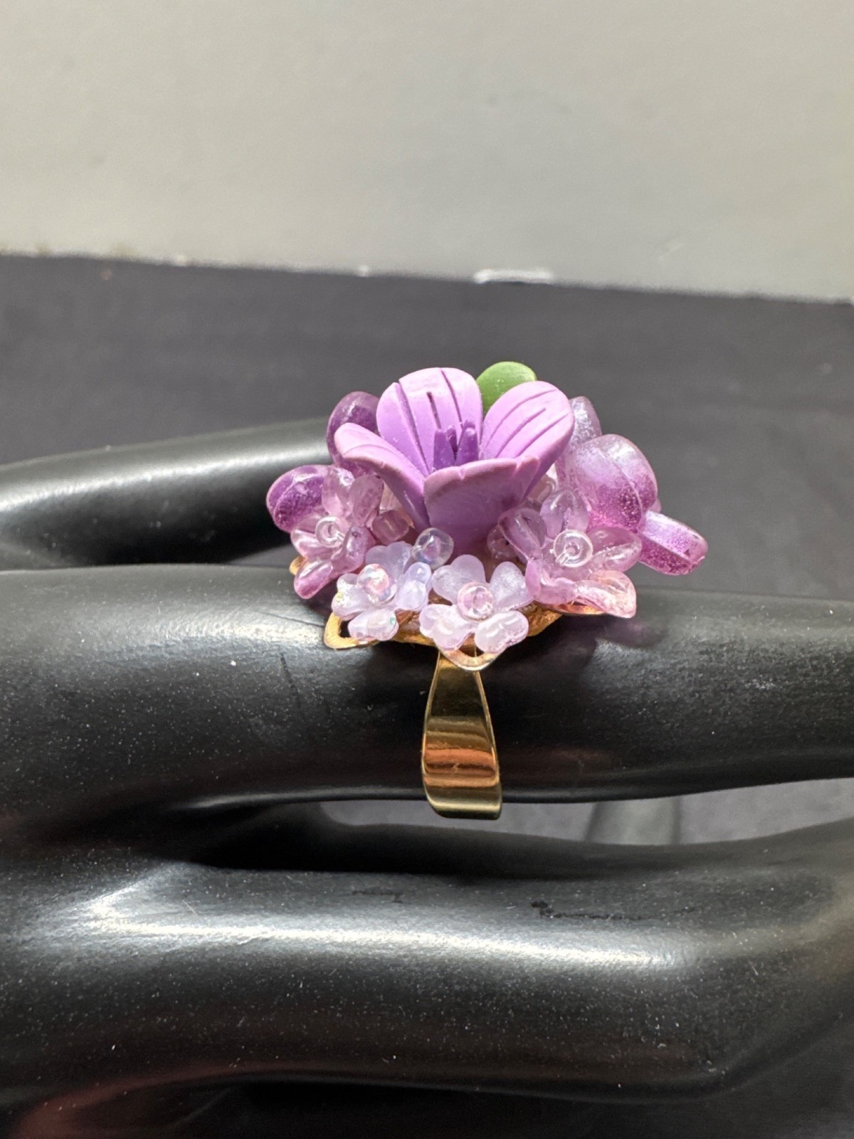 Artisan Handcrafted Purple Lilac Flower Cluster Ring Gold Adjustable Statement P