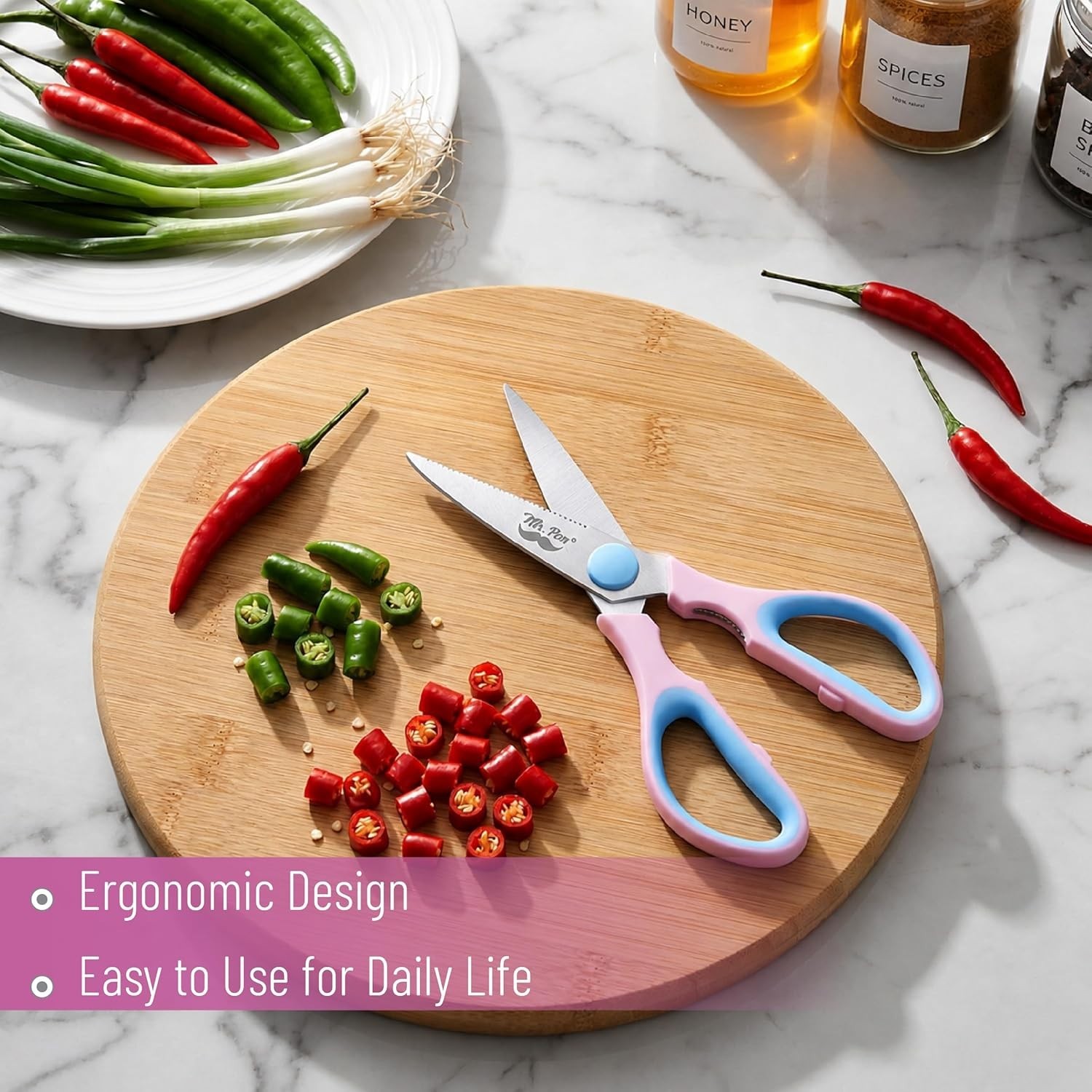 Versatile 8-Inch Kitchen Shears - Pink & Blue, Micro-Serrated Stainless Steel
