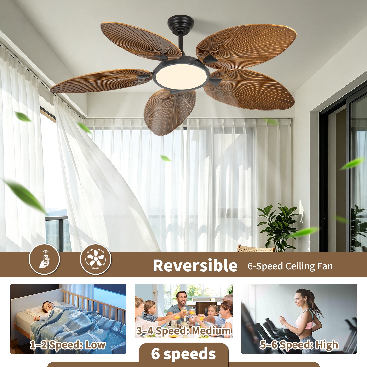 52 Inch Tropical Ceiling Fan with LED Light, Palm Leaf Design, Remote Control