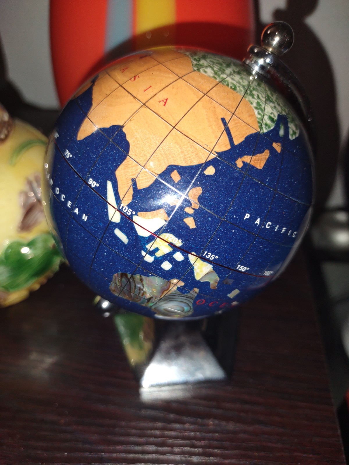Desktop Globe 5.5"x3.25" Blue Lapis Semi Precious Inlaid Gemstones Silver Stand