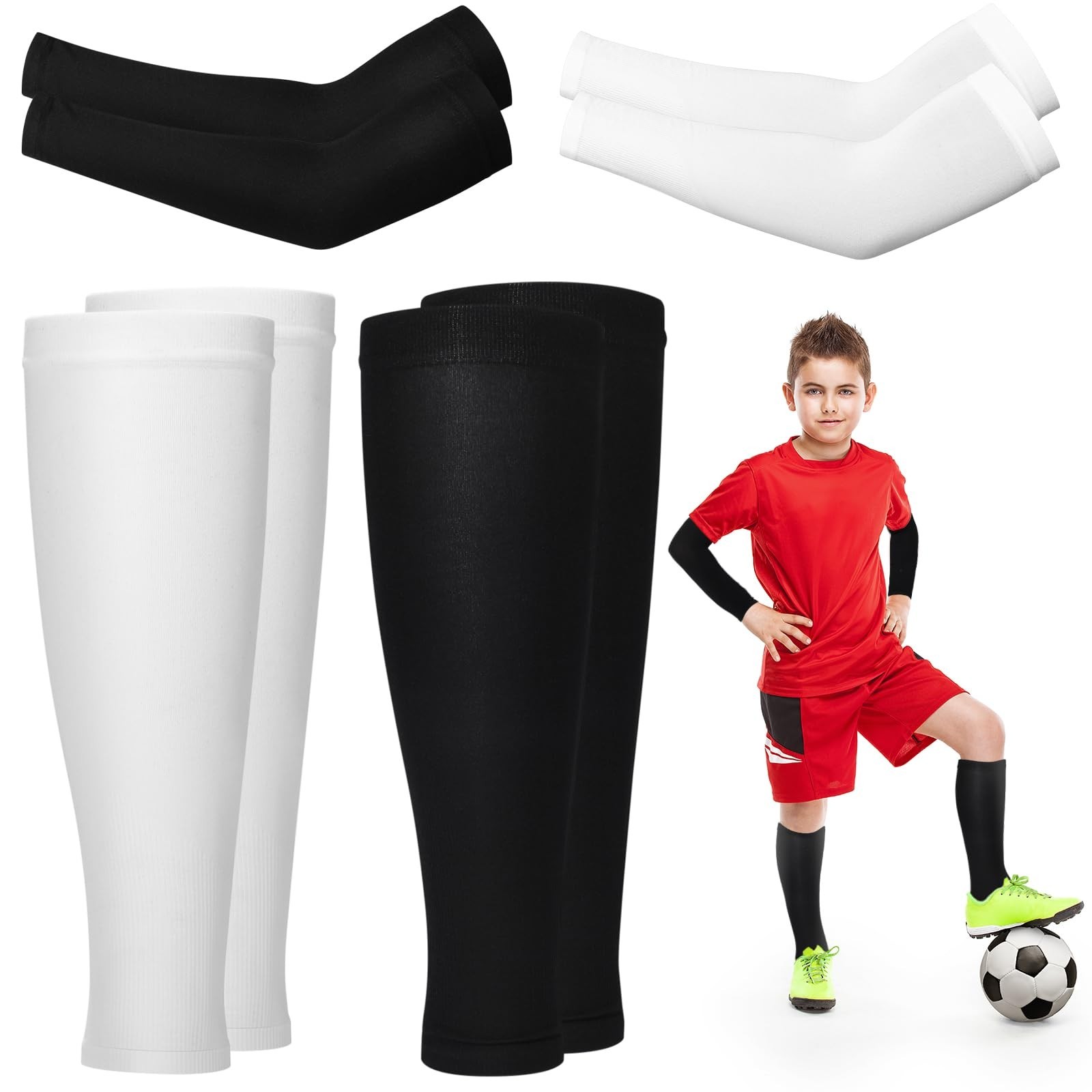 4 Pairs Compression Leg Sleeve and Arm Sleeves for Basketball Youth Football ...