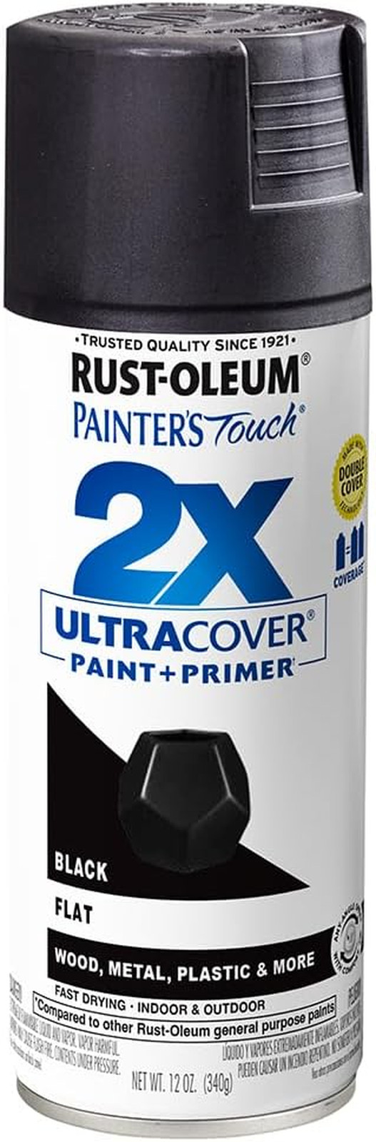334020 Painter's Touch 2X Ultra Cover Spray Paint, 12 oz, Flat Black