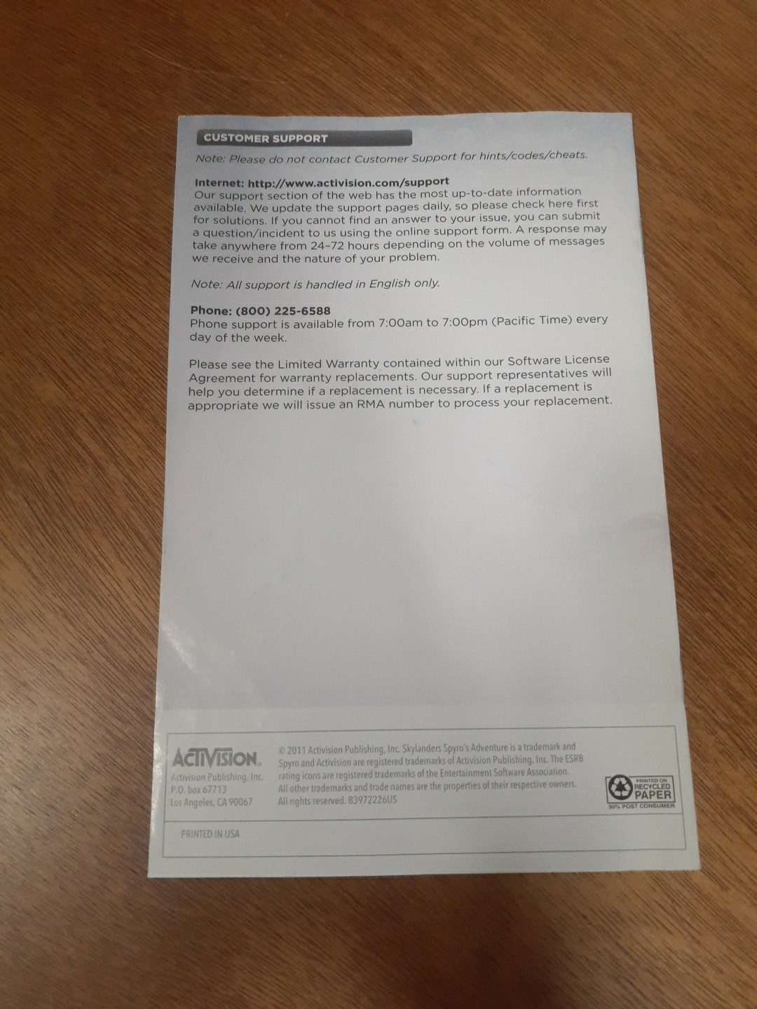 Wii Skylanders Manual Insert Only